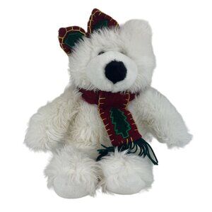 Main Joy Limited White Christmas Teddy bear 15” Plush Scarf & Bow Long Fuzzy Fur